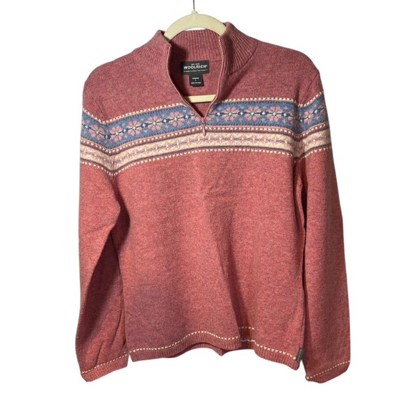 Woolrich Faire Isle Floral Rosebud Quarter zip Lambswool pullover size L - Picture 1 of 9